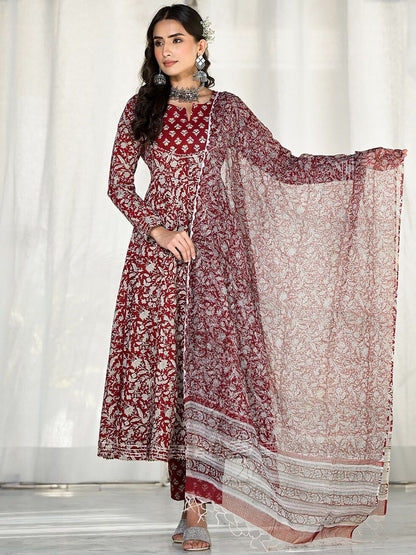 Dhiyona KL Floral Embroidered Gotta Patti Pure Cotton Anarkali Kurta With Trousers & Dupatta
