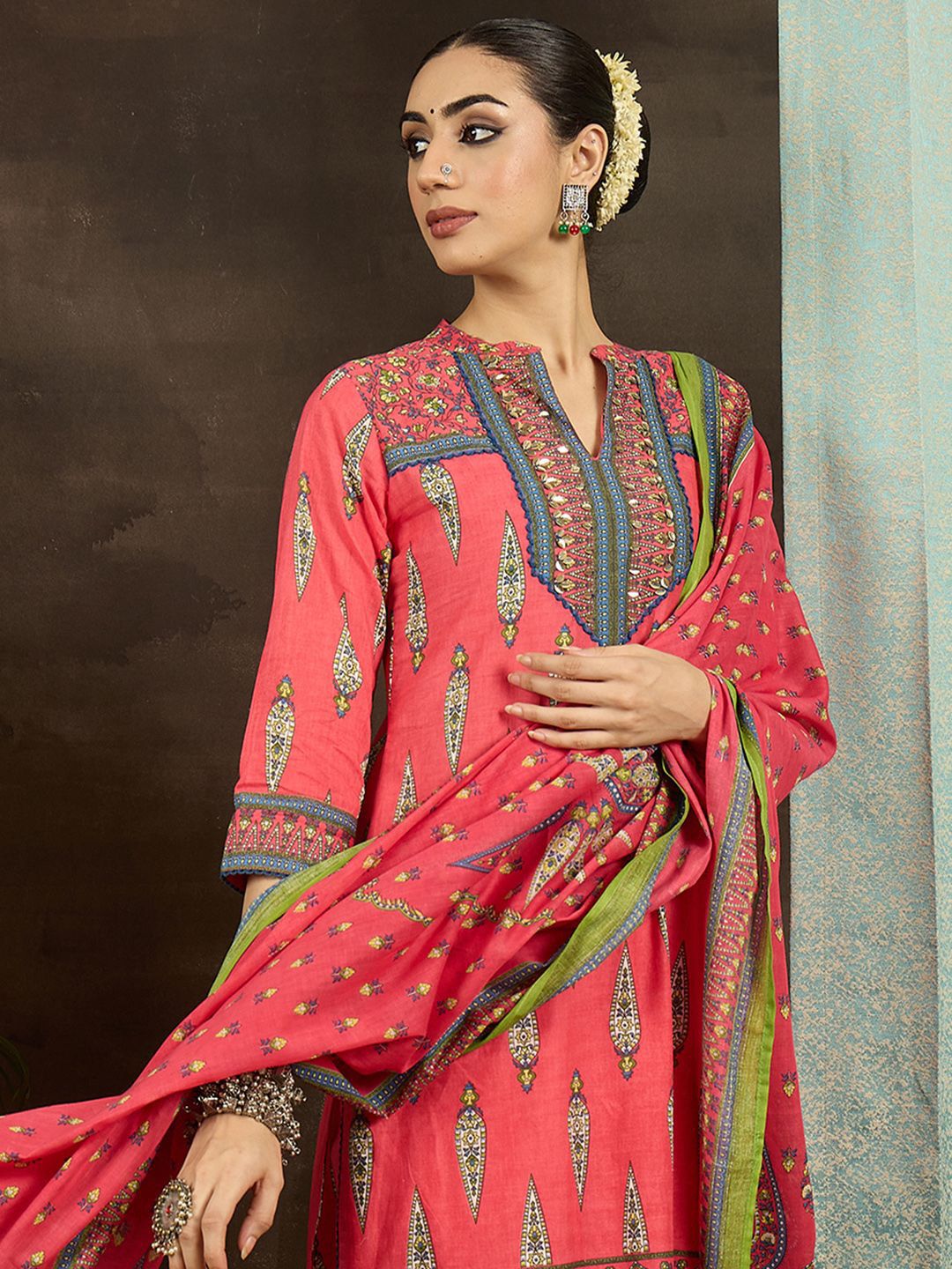 Dhiyona IE Ethnic Motifs Printed Pure Cotton Straight Kurta With Trousers & Dupatta