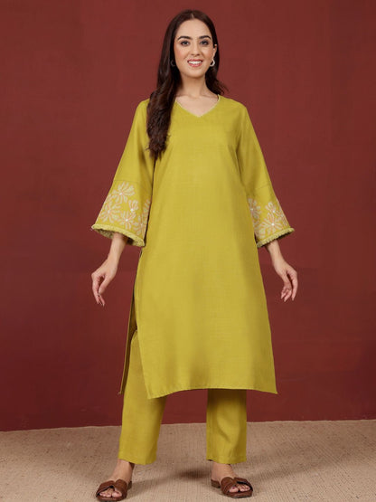 Lime Green Floral Embroidered V-Neck Thread Work Straight Kurta With Trousers