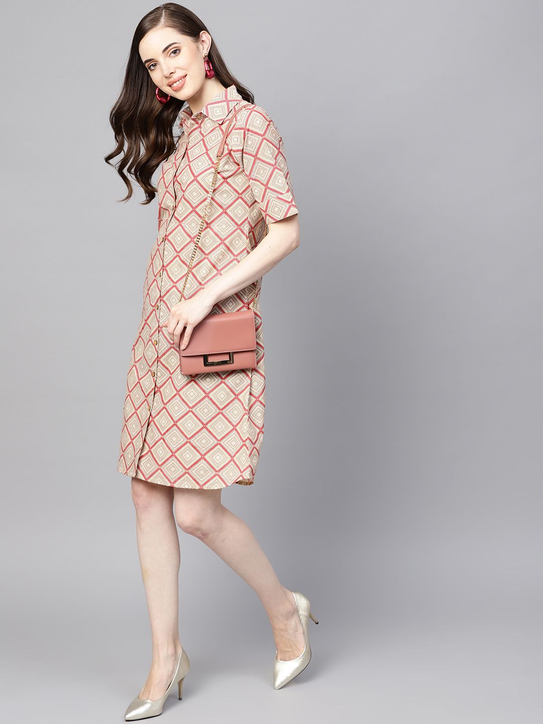 Dhiyona AY Women's Beige & Pink Printed Shirt Dress