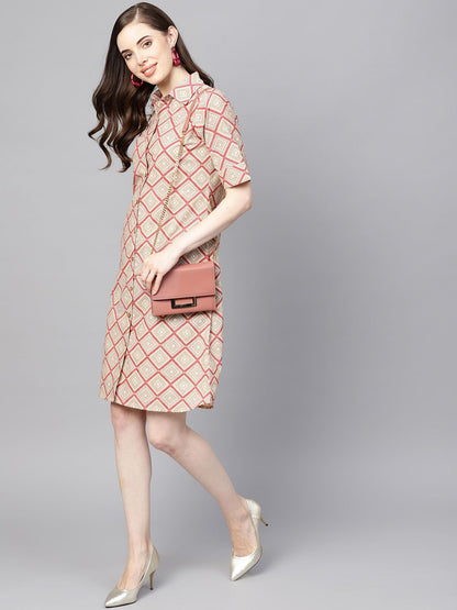 Dhiyona AY Women's Beige & Pink Printed Shirt Dress