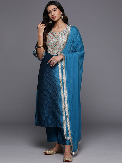 Dhiyona VA Women'sWoven Design Notch Neck Thread Work Straight Kurta With Trousers & Dupatta