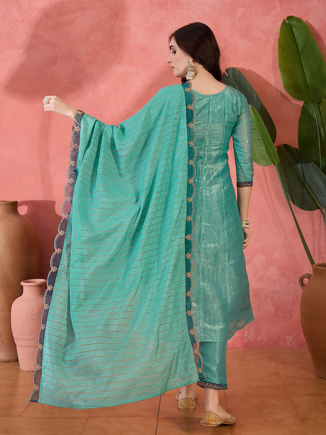 Embroidered Zari Sequence Straight Kurta With Trousers & Dupatta