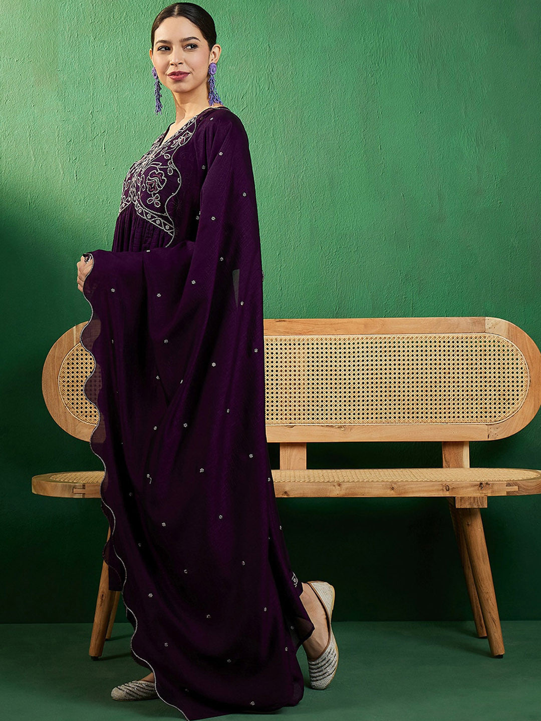 Alia Cut Ethnic Motifs Embroidered V-Neck A-line Kurta & Trousers With Dupatta