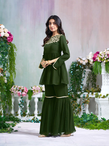 Dhiyona CH Floral Embroidered Pleated A-Line Georgette Embroidered Kurta With Sharara
