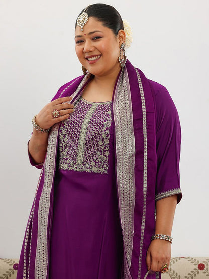 Dhiyona Women's Plus Size Floral Yoke Design Round Neck Kurta & Salwar With Dupatta