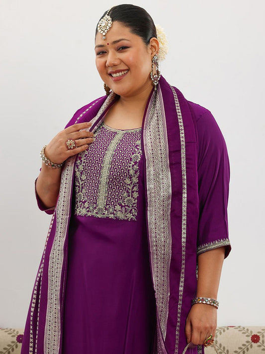 Dhiyona Women's Plus Size Floral Yoke Design Round Neck Kurta & Salwar With Dupatta