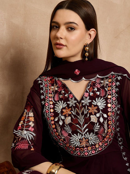 Dhiyona KL Floral Embroidered Mirror Work Kurta with Palazzos & Dupatta