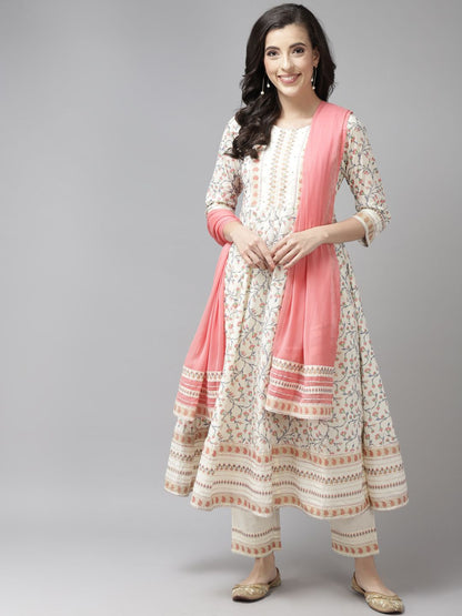 Dhiyona RR Women's Cream-Coloured Printed Pure Cotton Kurta with Trousers & Dupatta