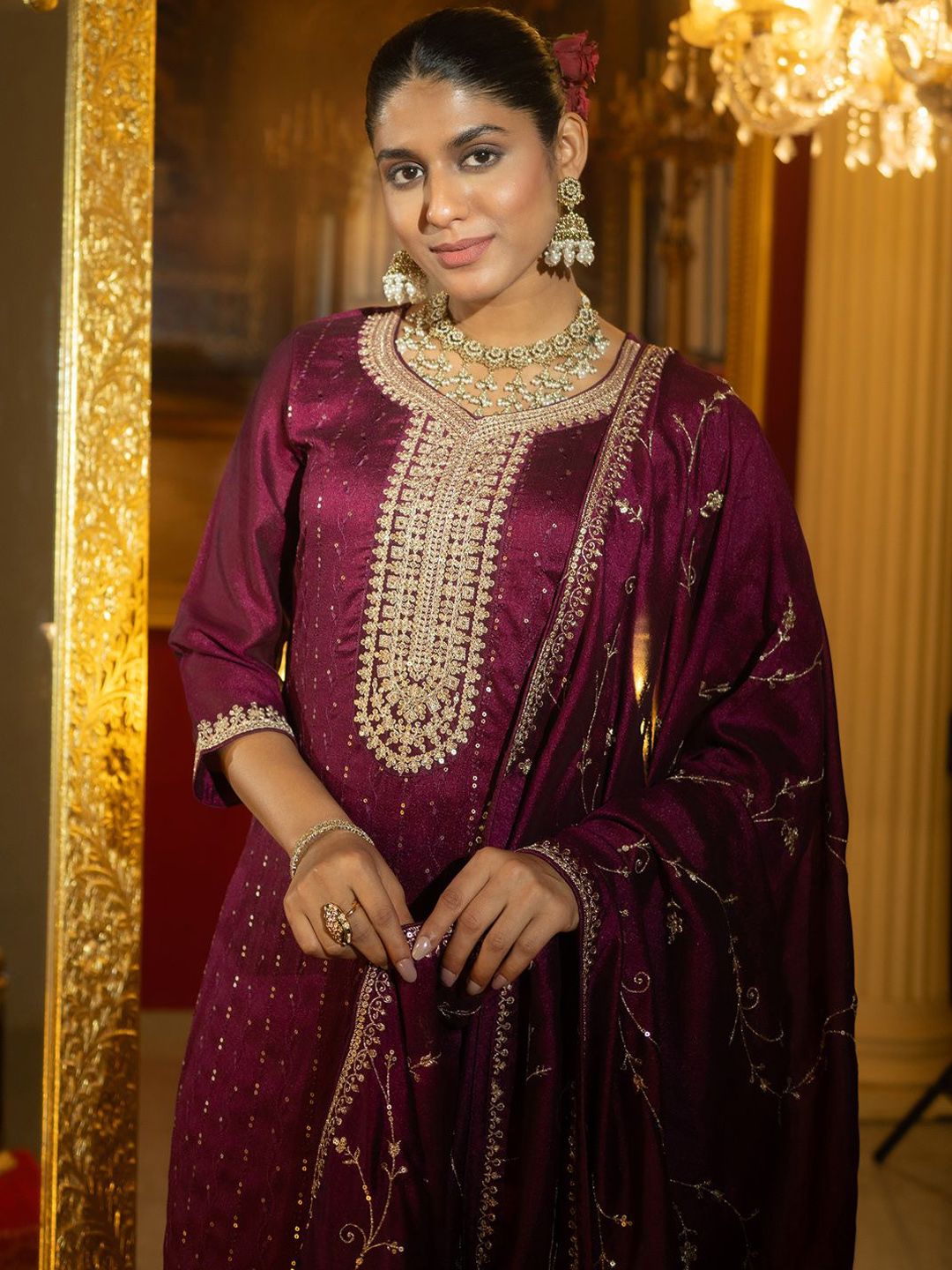 Dhiyona IE Women Ethnic Motifs Embroidered Regular Sequinned Kurta with Trousers & With Dupatta