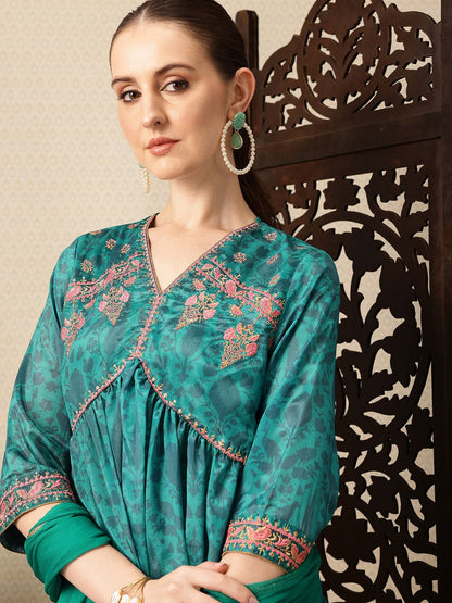 Dhiyona HOP Floral Printed Sequinned Gathered Jashn Kurti With Sharara & Dupatta