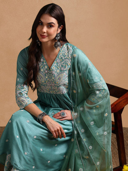 Dhiyona KL Floral Embroidered Pleated Thread Work Kurta with Palazzos & Dupatta