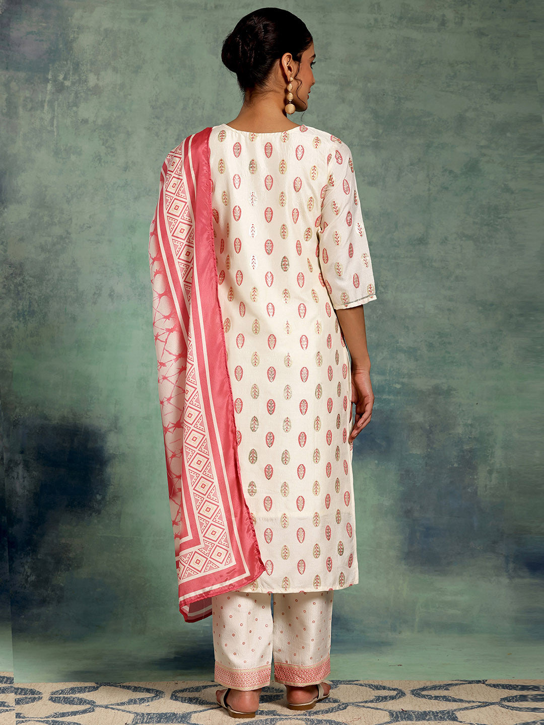 White Floral Printed Thread Work Straight Kurta With Palazzos & Dupatta