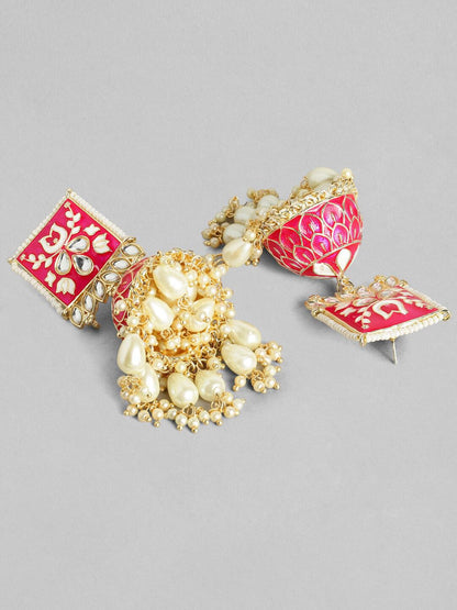 Dhiyona RJ Women's 18K Gold-Plated Pink Kundan & White Beads Studded Enamel Handcrafted Dome Jhumka
