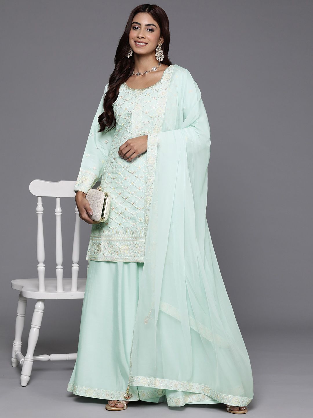 Dhiyona LL Floral Embroidered Beads & Stones Kurti with Palazzos & Dupatta