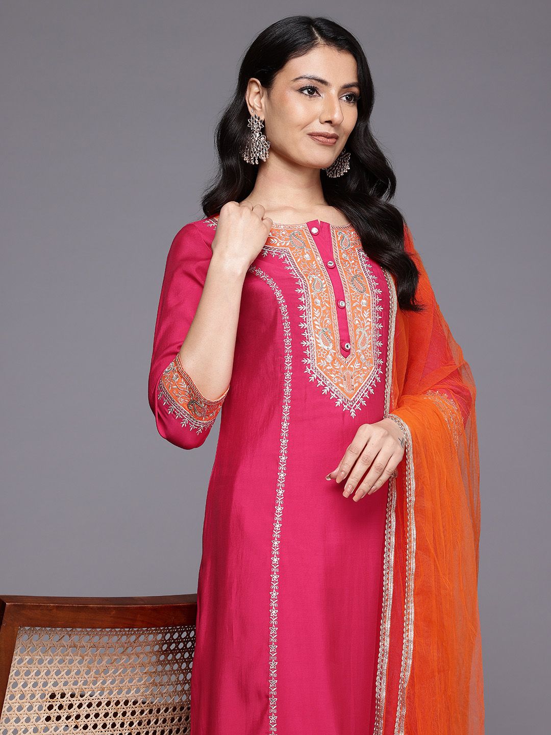 Dhiyona VA Ethnic Motifs Embroidered Zari Panelled Kurta With Palazzos & Dupatta