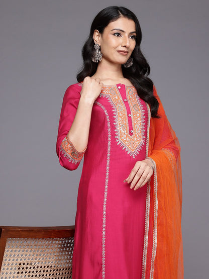 Dhiyona VA Ethnic Motifs Embroidered Zari Panelled Kurta With Palazzos & Dupatta