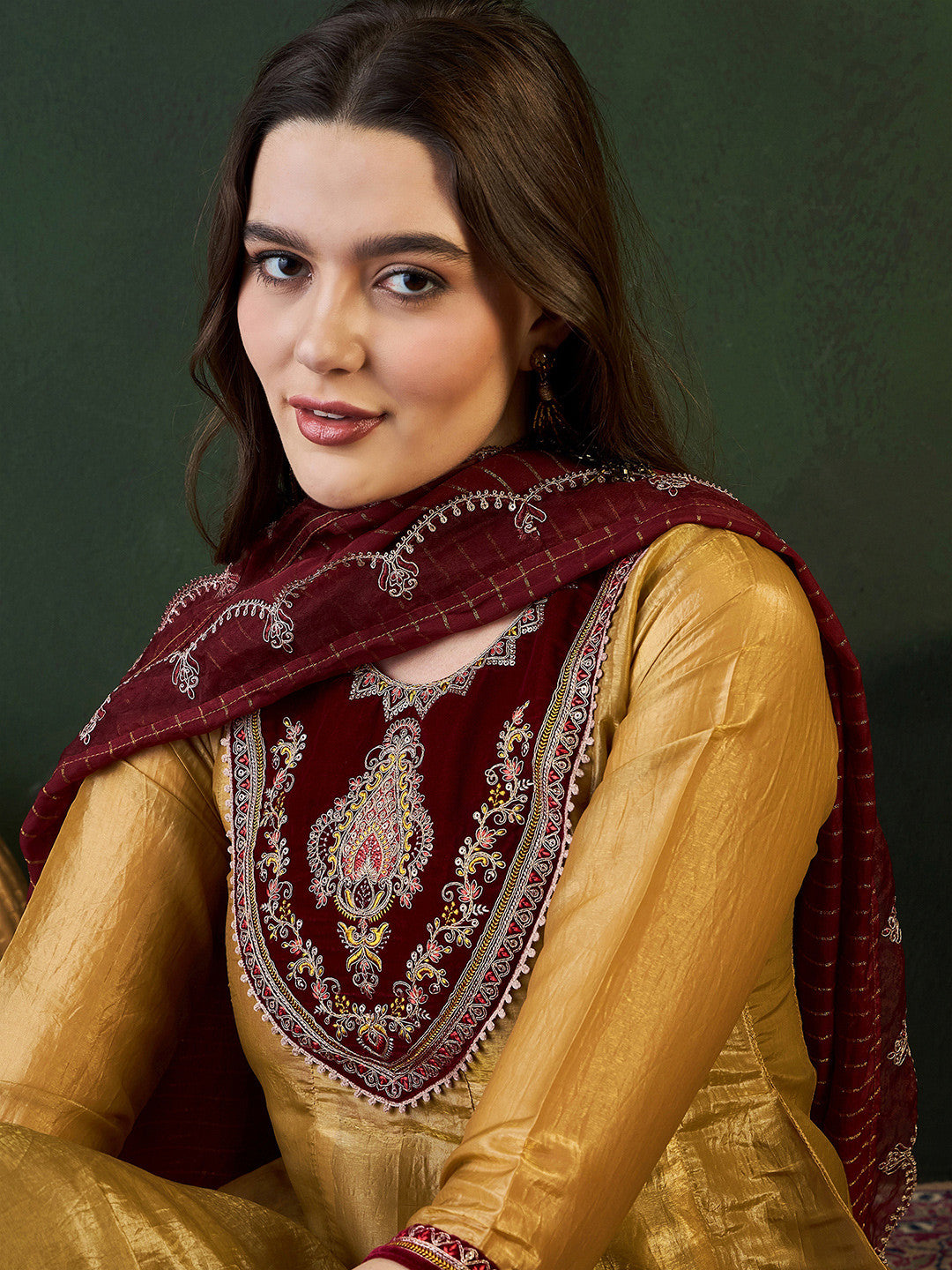 Gold Ethnic Motifs Embroidered Thread Work A-Line Kurta With Trousers And Dupatta