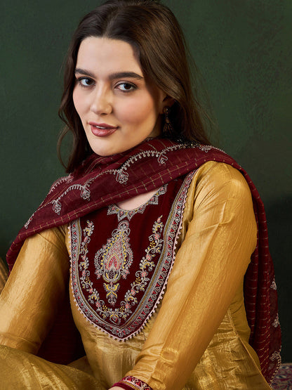 Gold Ethnic Motifs Embroidered Thread Work A-Line Kurta With Trousers And Dupatta