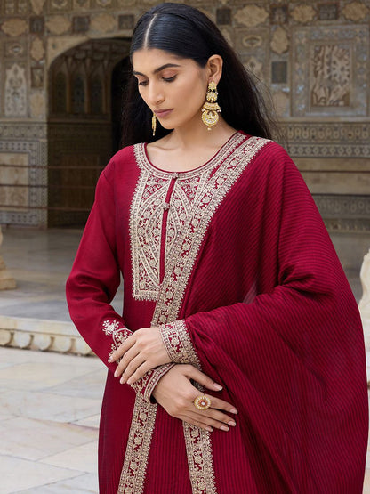 Dhiyona KL Floral Embroidered Straight Kurta with Palazzos & Dupatta
