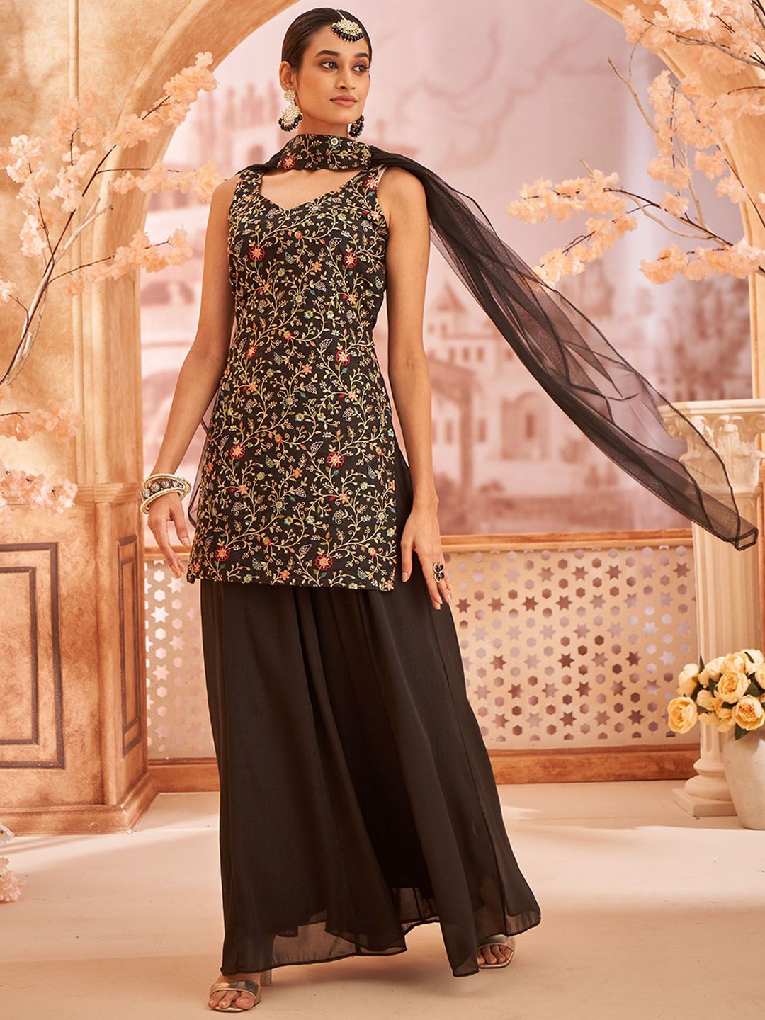 Dhiyona KL Floral Embroidered Sleeveless Georgette Straight Kurti With Sharara & Dupatta