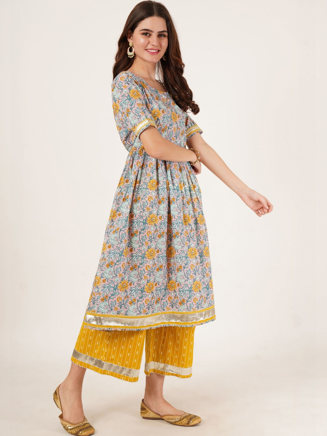 Women Floral Printed Empire Pure Cotton Kurta with Palazzos