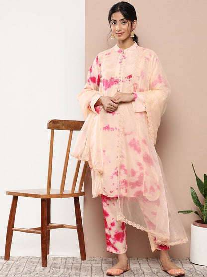 Dhiyona KL Abstract Printed Mandarin Collar Straight Kurta & Trouser With Dupatta