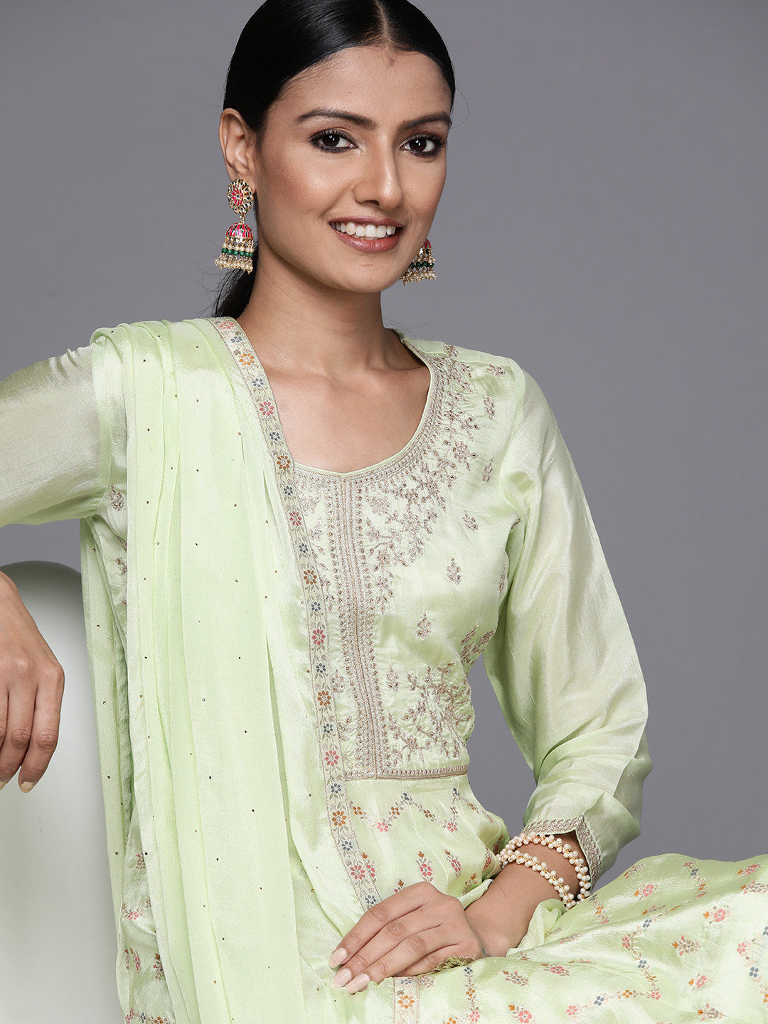 Womens Green Embroidered Anarkali Kurta With Churidar & Dupatta