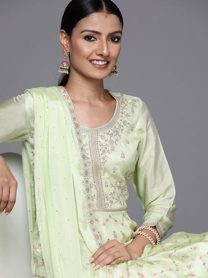 Womens Green Embroidered Anarkali Kurta With Churidar & Dupatta