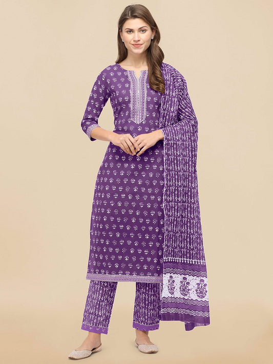 Dhiyona KL Women Purple Ethnic Motifs Printed Gotta Patti Pure Cotton Kurta with Trousers & With Dupatta