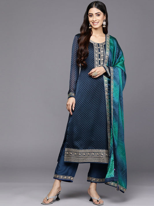 Women Blue Bandhani Printed Kurta with Trousers & With Dupatta
