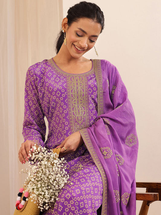 Women Bandhani Printed Regular Kurta with Trousers & With Dupatta