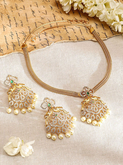 Dhiyona RJ Women's 22K Gold-Plated Emerald & Cubic Zirconia Studded Necklace Set with Pearl Accents