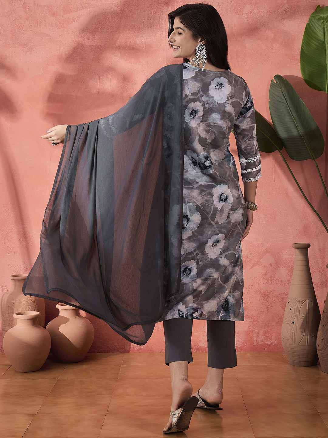 Grey Floral Printed Notch Neck Straight Pure Cotton kurta With Trouser And Dupatta