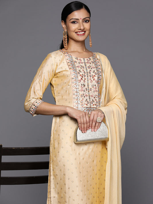Floral Yoke Design Panelled Mirror Work Kurta With Trousers & Dupatta
