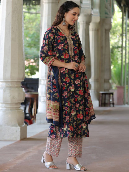 Dhiyona RR Women's Floral Printed V-Neck Pure Cotton Kurta with Trousers & With Dupatta