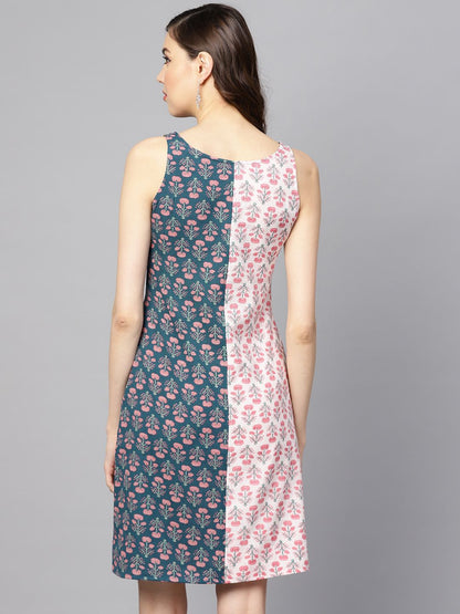 Dhiyona AY Women's Teal Blue & Pink Printed A-Line Dress