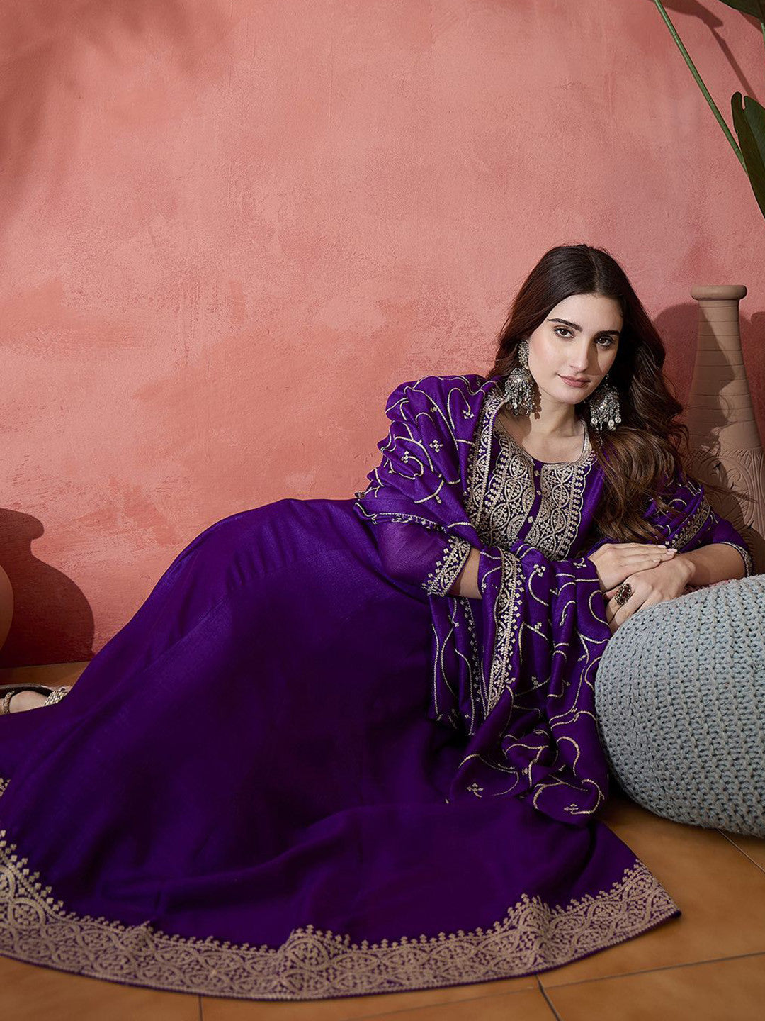 Ethnic Motifs Embroidered Round Neck Panelled A-Line Kurta With Trousers & Dupatta