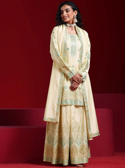 Dhiyona LL Floral Embroidered Regular Sequinned Kurta with Palazzos & Dupatta