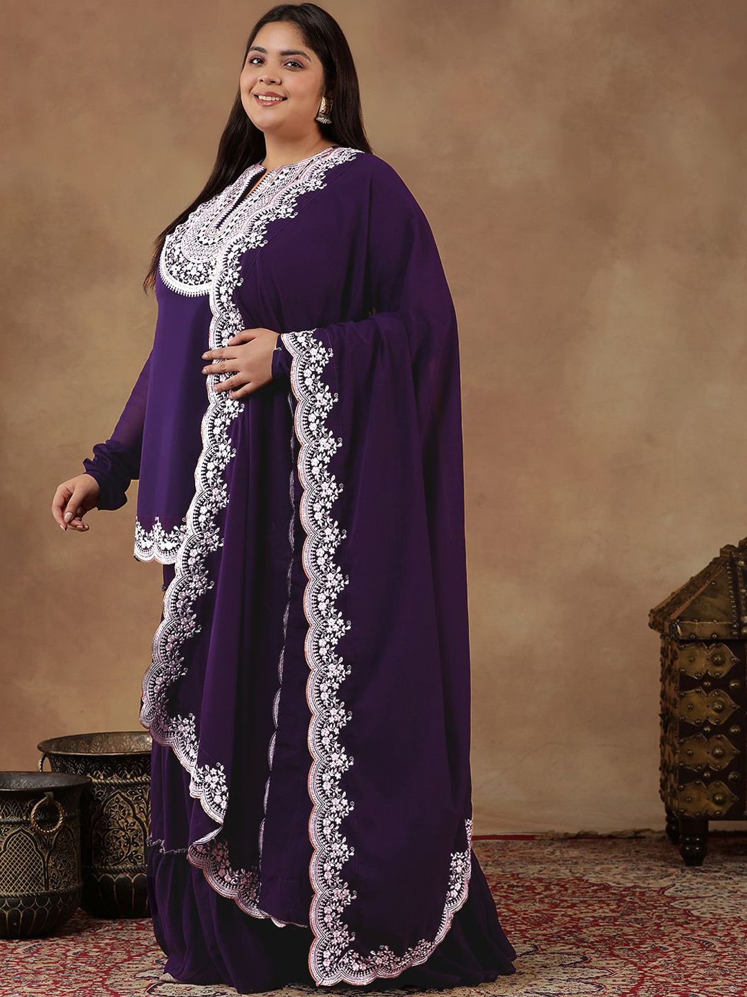 Dhiyona IN Plus Size Floral Embroidered Georgette Straight Kurta With Sharara & Dupatta
