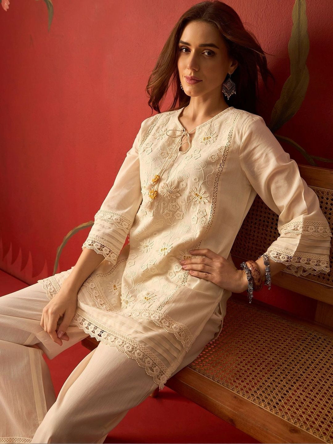 Cream schiffli embroidered cotton tunic and pants