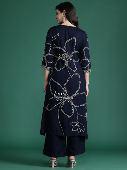 Floral Printed Mirror Work Kurta with Trousers