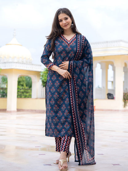 Dhiyona KL Floral Printed Straight Kurta With Trousers & Dupatta