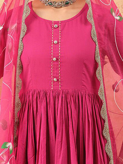 Dhiyona IS Women's Floral Printed Gotta Patti High Slit Pure Cotton Kurta With Trousers & Dupatta