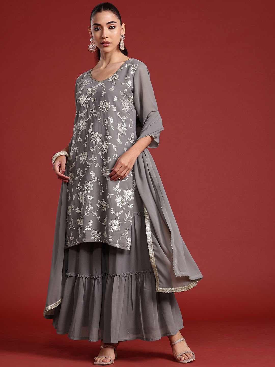 Dhiyona IE Floral Embroidered Sequinned Kurta With Sharara & Dupatta