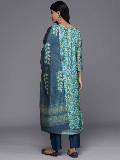 Sea Green Sea Green Floral Printed Hand work Kurta with Trousers & Dupatta