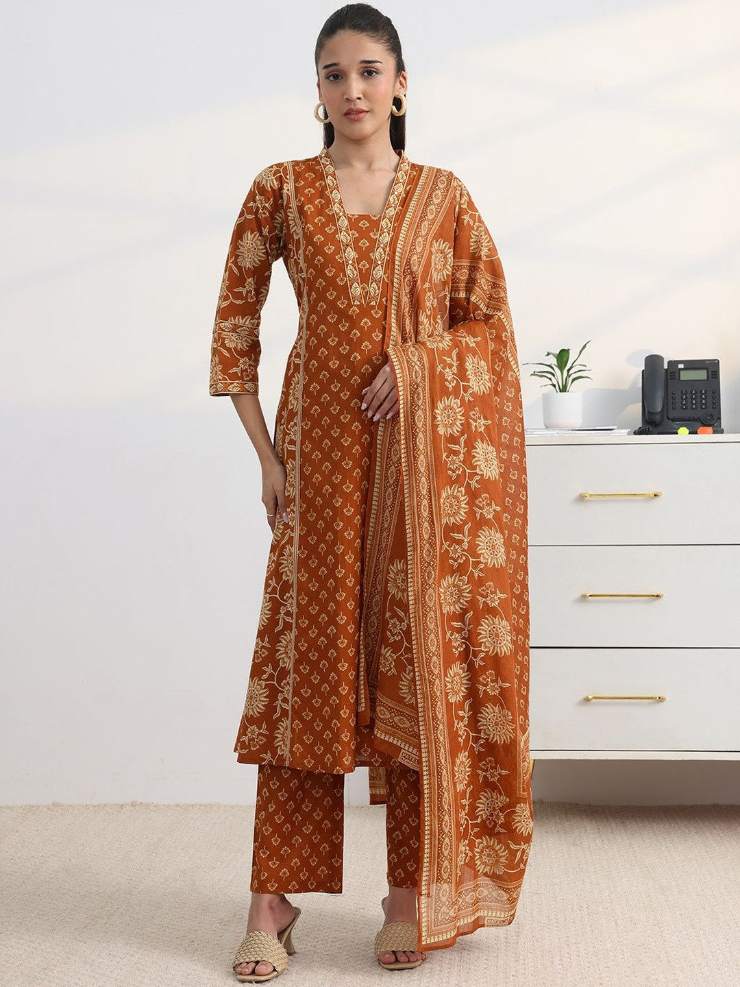 Libas Rust Floral Print A-Line Suit Set with Dupatta