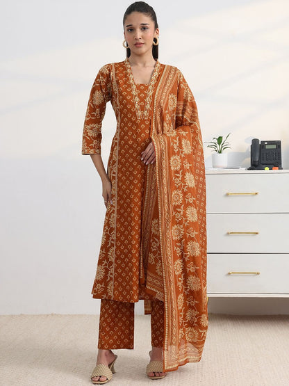 Libas Rust Floral Print A-Line Suit Set with Dupatta