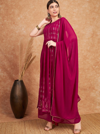 Dhiyona SN Pink Ethnic Motifs Embroidered Sequined Straight Kurta & Palazzo With Dupatta Set