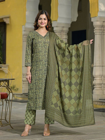 Dhiyona KL Floral Printed V-Neck Gotta Patti Straight Kurta With Trousers & Dupatta